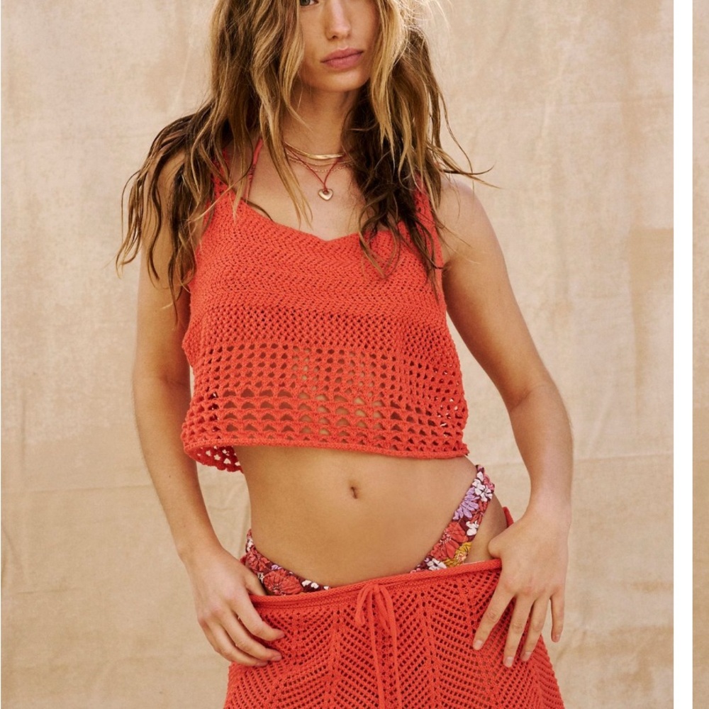 Free People Fuego skirt set Red Crochet Crop Top and Skirt Set